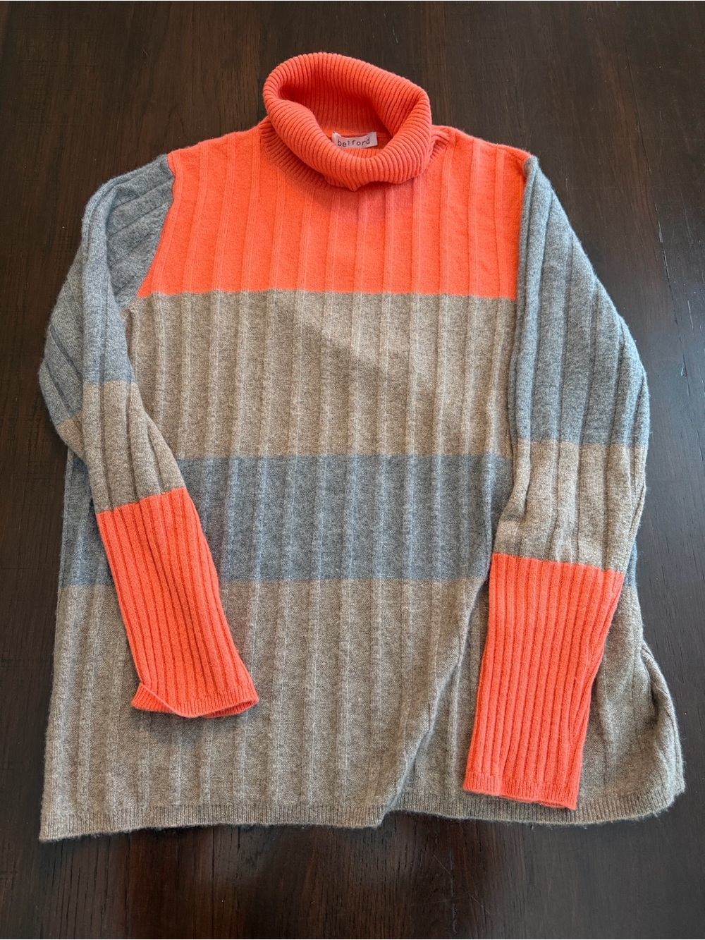 Women’s Belford  100% cashmere Colorblock Turtleneck Sweater - Coral & Gray